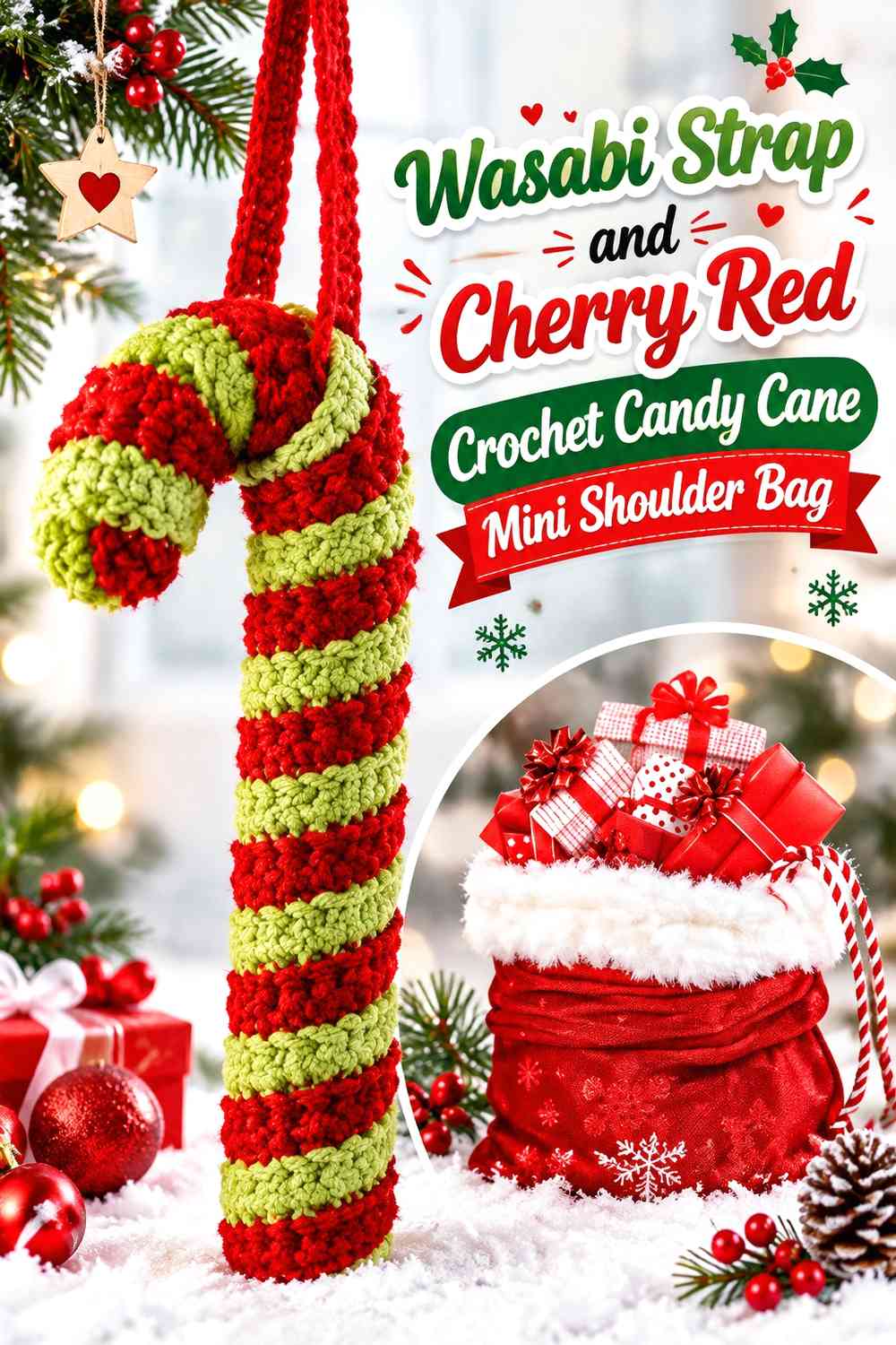 Wasabi Strap and Cherry Red Crochet Candy Cane Mini Shoulder Bag