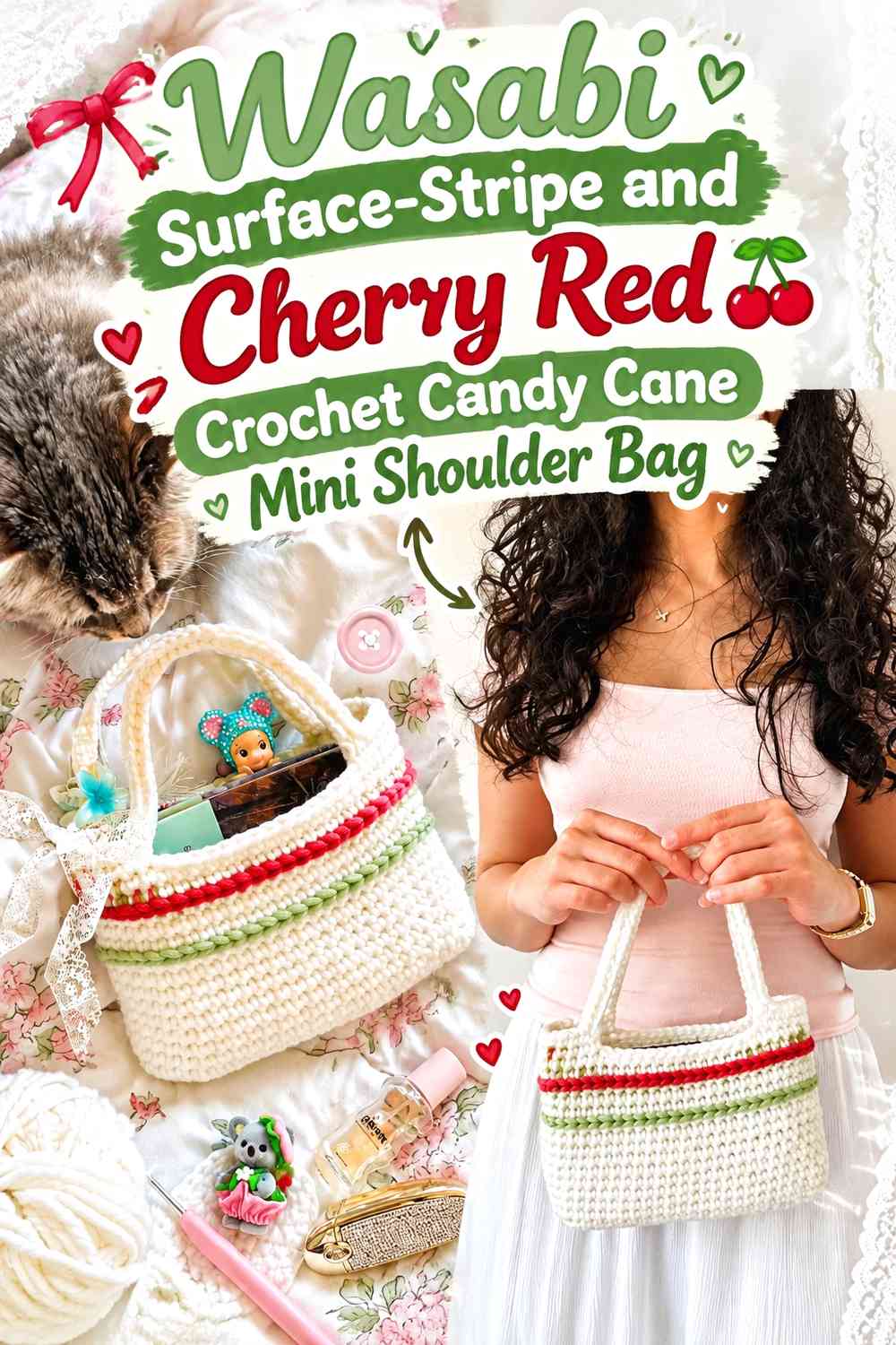 Wasabi Surface-Stripe and Cherry Red Crochet Candy Cane Mini Shoulder Bag