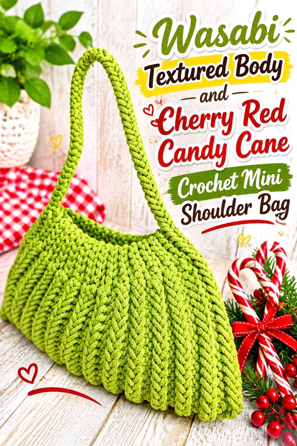 Wasabi Textured Body and Cherry Red Candy Cane Crochet Mini Shoulder Bag