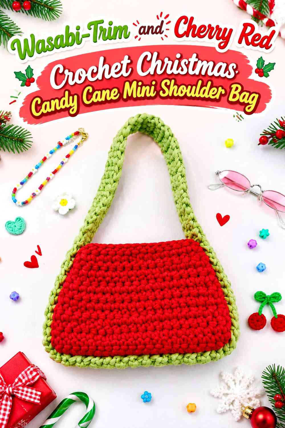 Wasabi-Trim and Cherry Red Crochet Christmas Candy Cane Mini Shoulder Bag
