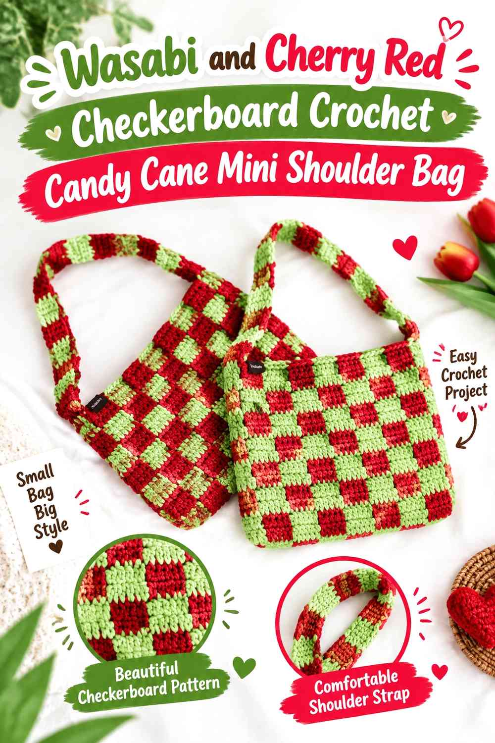 Wasabi and Cherry Red Checkerboard Crochet Candy Cane Mini Shoulder Bag