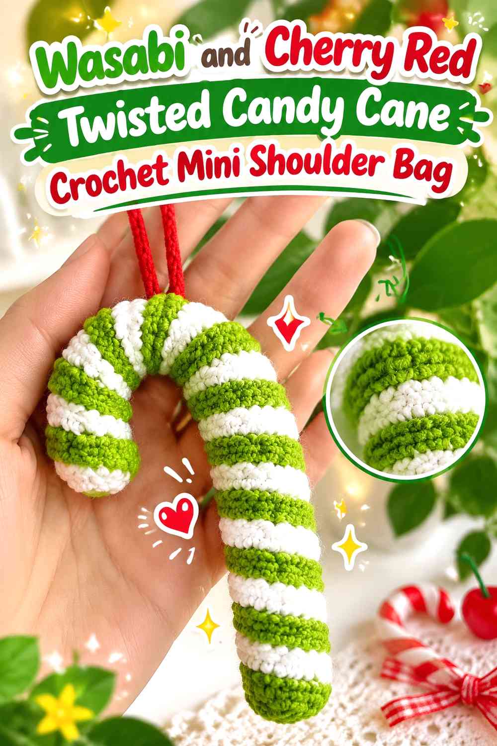 Wasabi and Cherry Red Twisted Candy Cane Crochet Mini Shoulder Bag