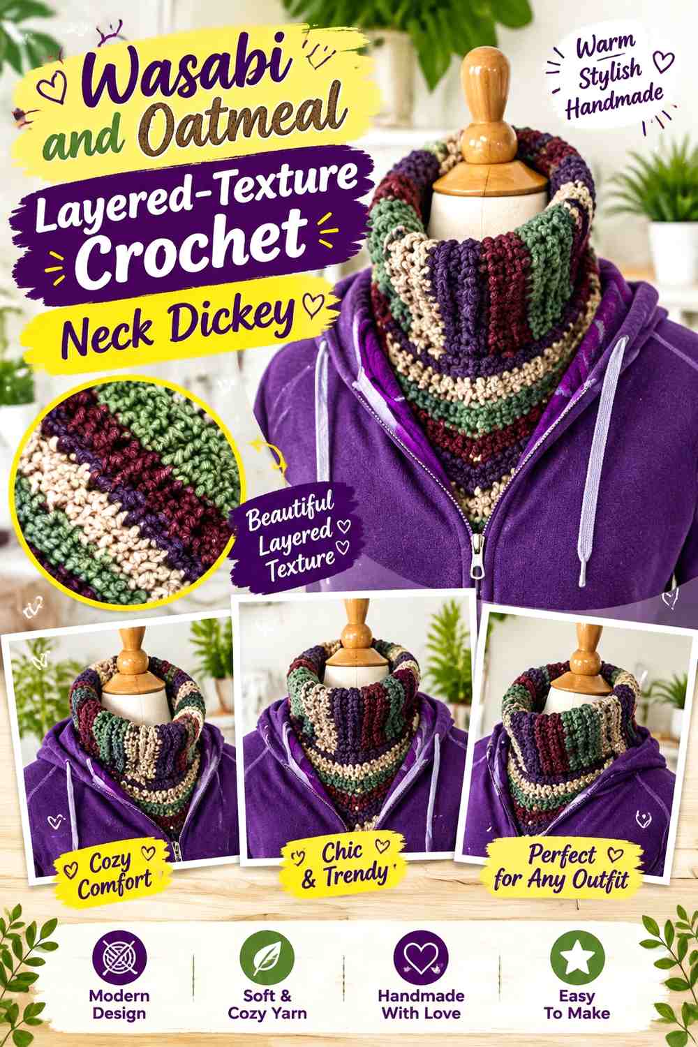 Wasabi and Oatmeal Layered-Texture Crochet Neck Dickey
