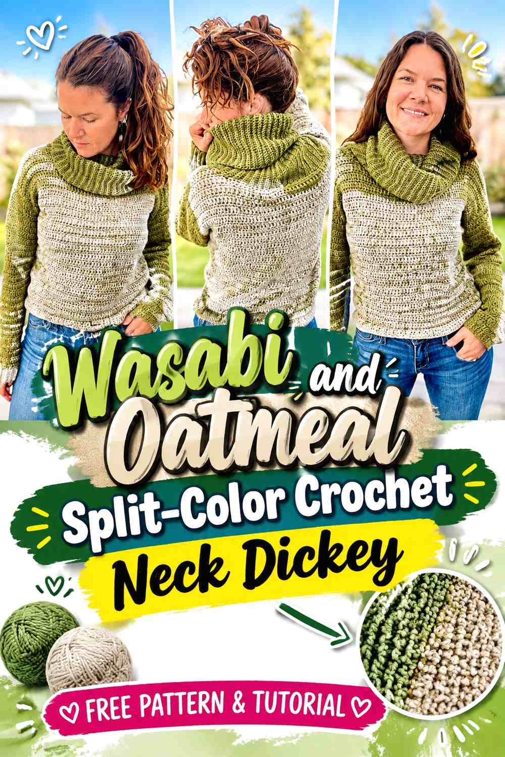 Wasabi and Oatmeal Split-Color Crochet Neck Dickey