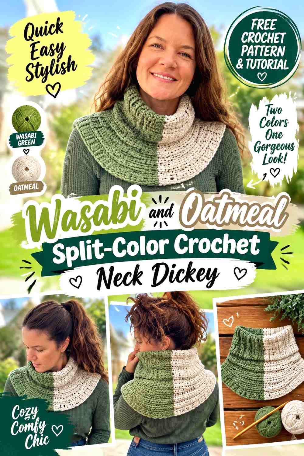Wasabi and Oatmeal Split-Color Crochet Neck Dickey