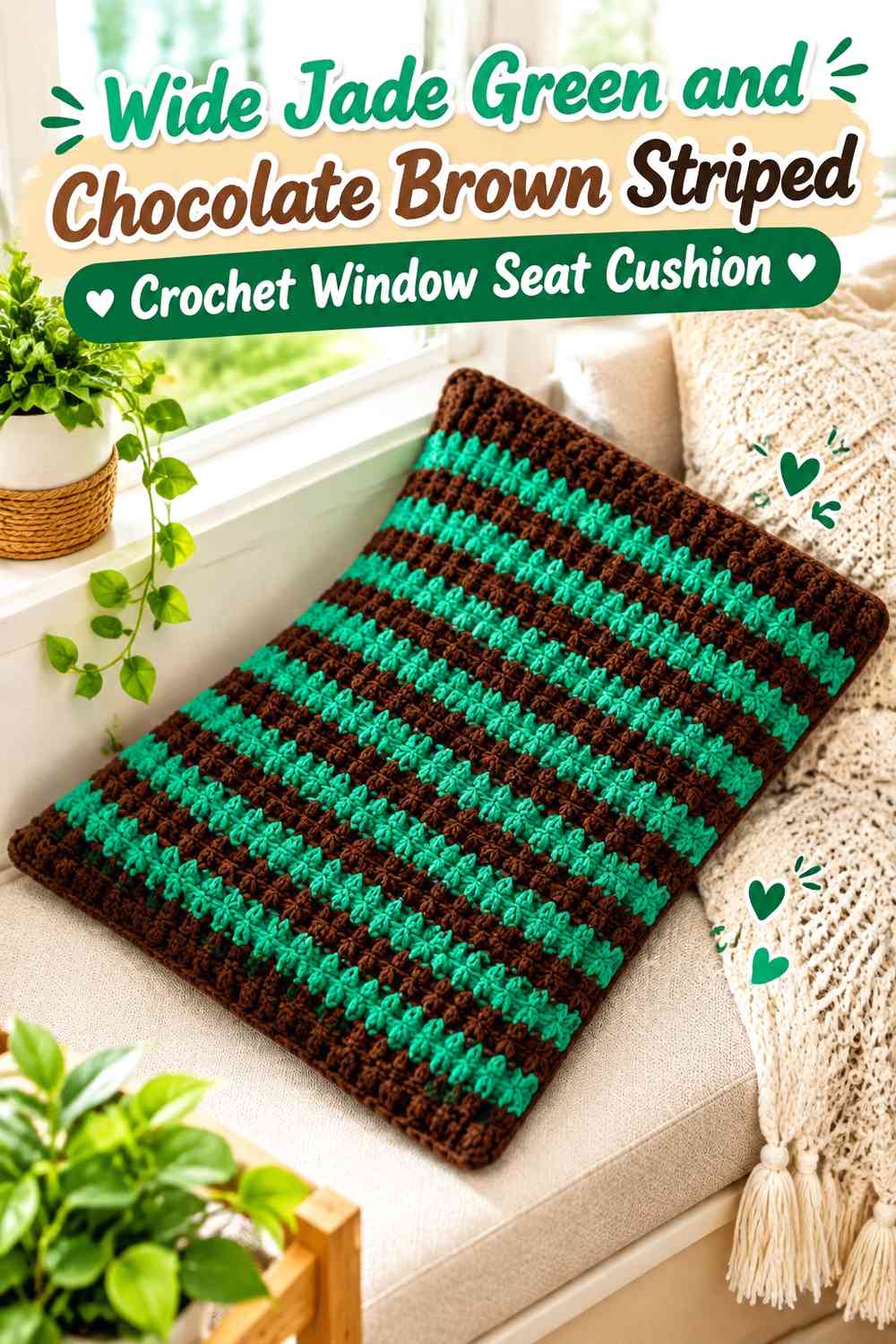 Wide Jade Green and Chocolate Brown Striped Crochet Window Seat Cushion