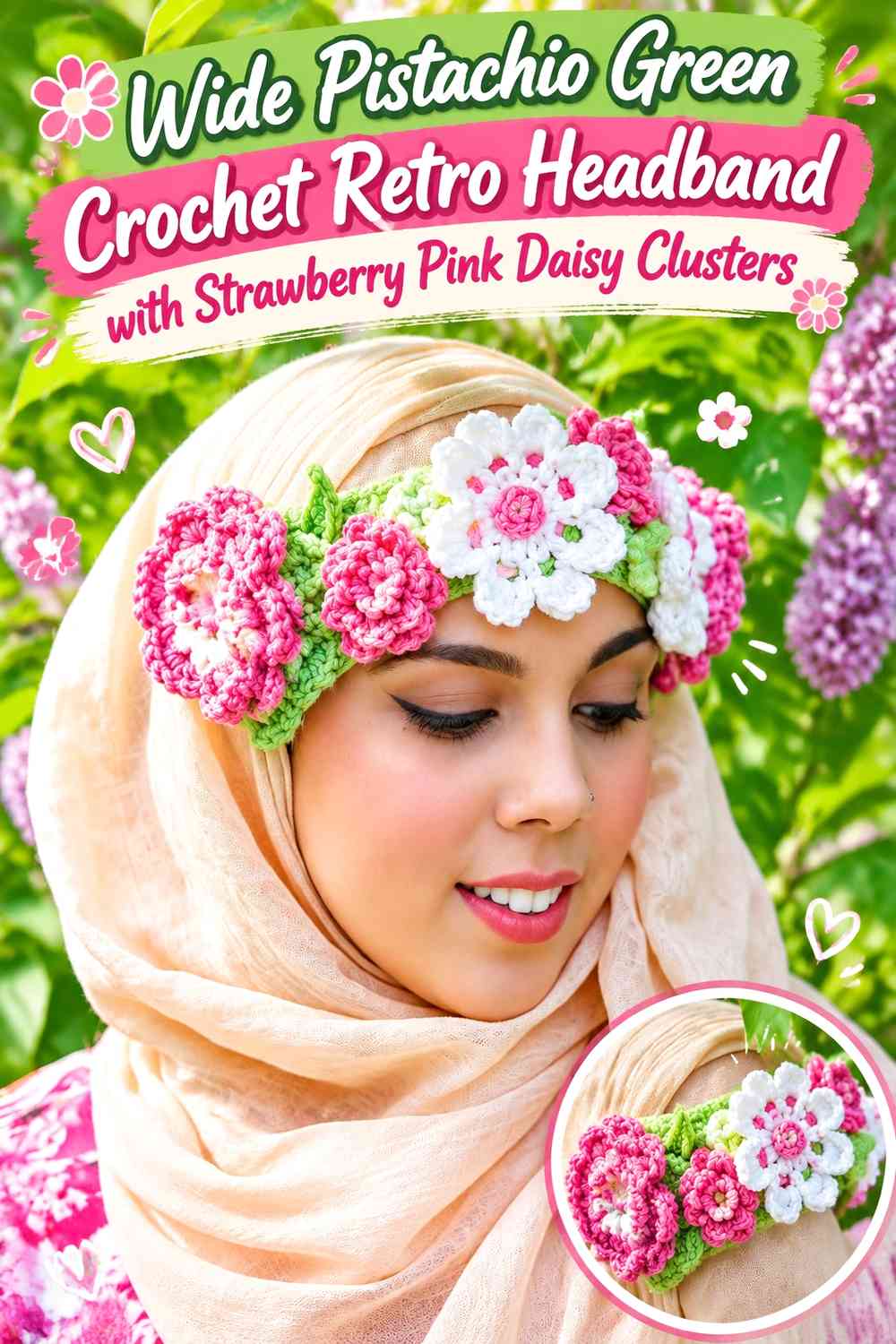 Wide Pistachio Green Crochet Retro Headband with Strawberry Pink Daisy Clusters