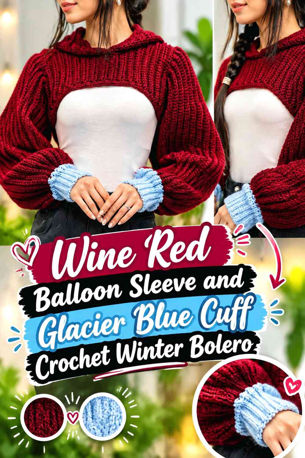 Wine Red Balloon Sleeve and Glacier Blue Cuff Crochet Winter Bolero