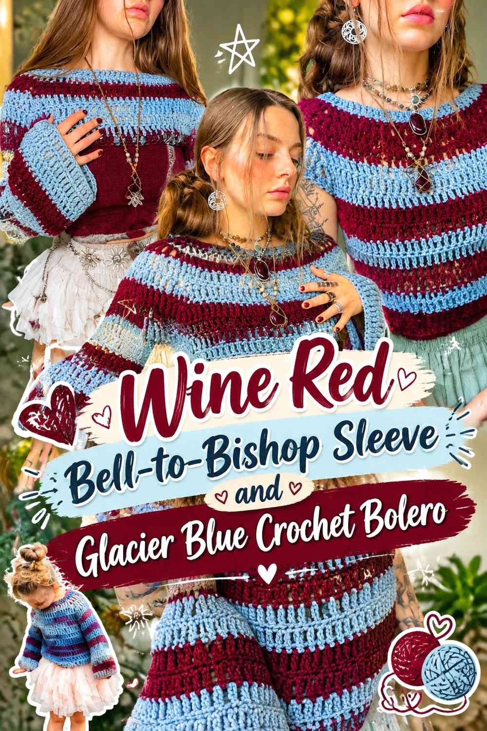 Wine Red Bell-to-Bishop Sleeve and Glacier Blue Crochet Bolero