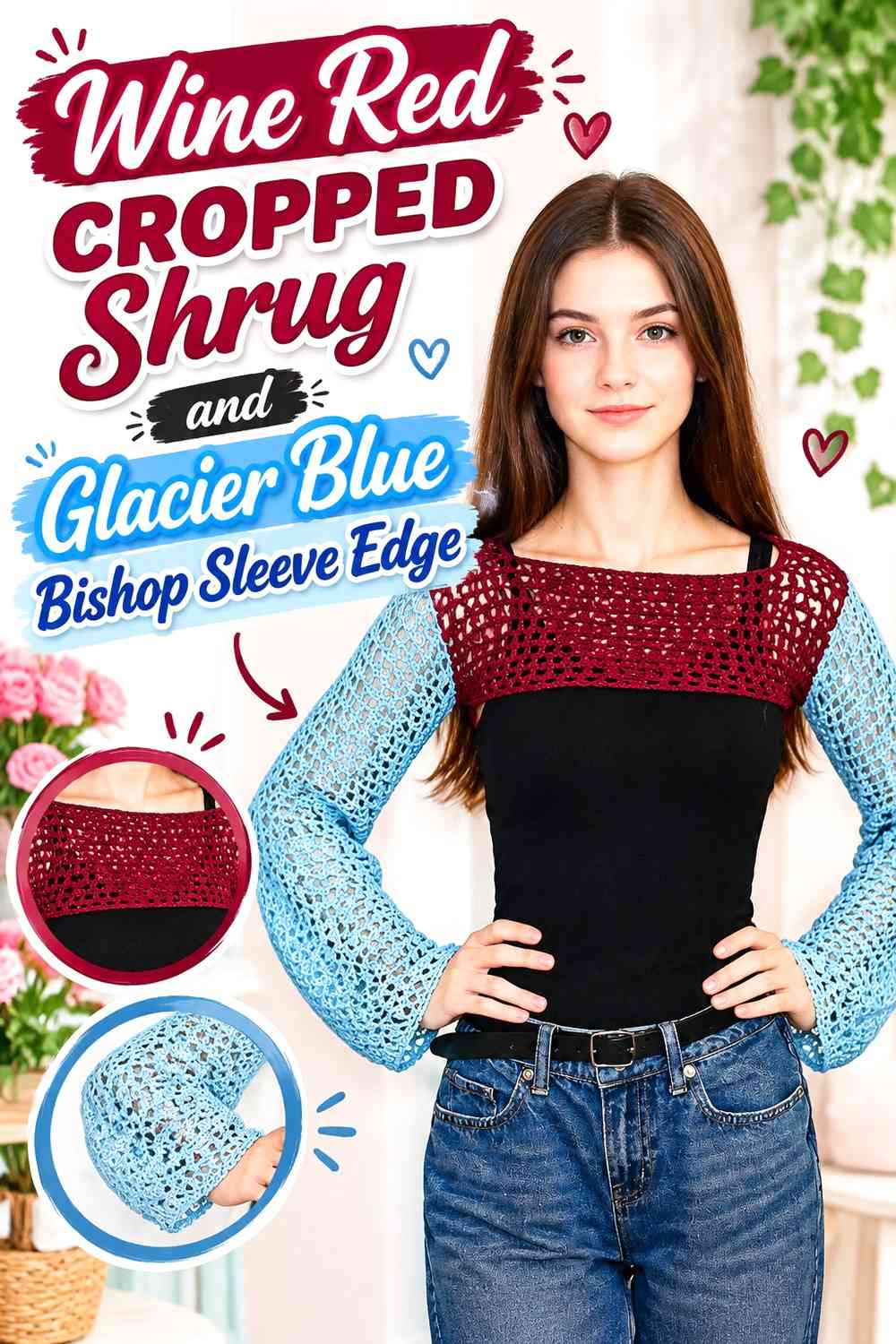 Wine Red Cropped Shrug and Glacier Blue Bishop Sleeve Edge
