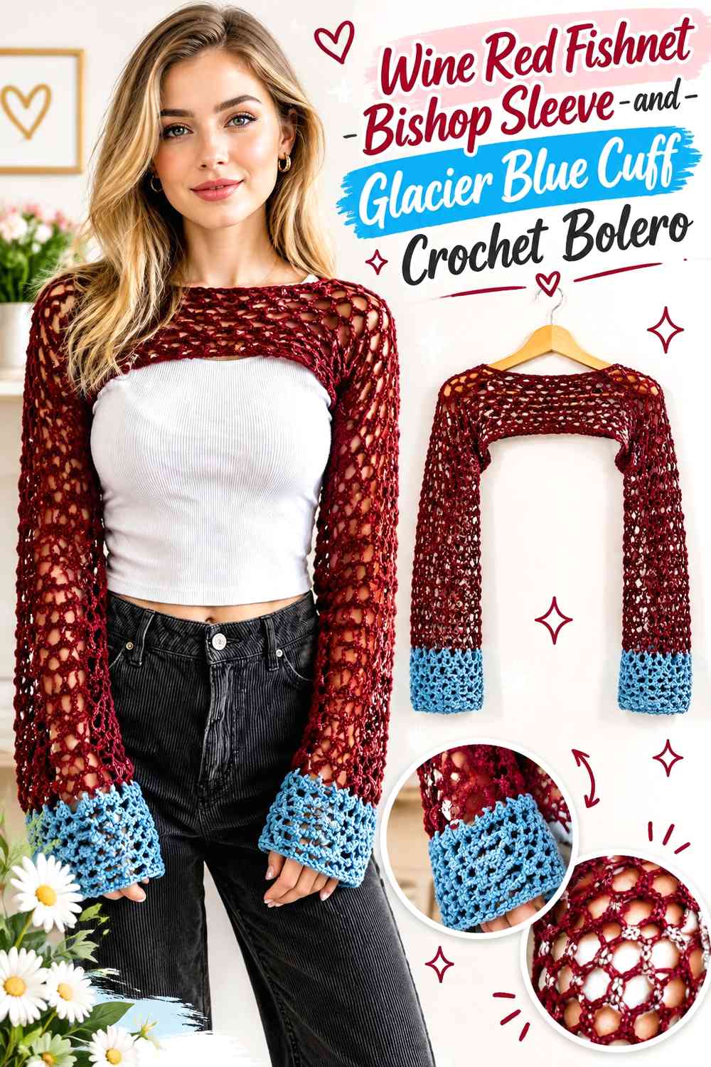 Wine Red Fishnet Bishop Sleeve and Glacier Blue Cuff Crochet Bolero