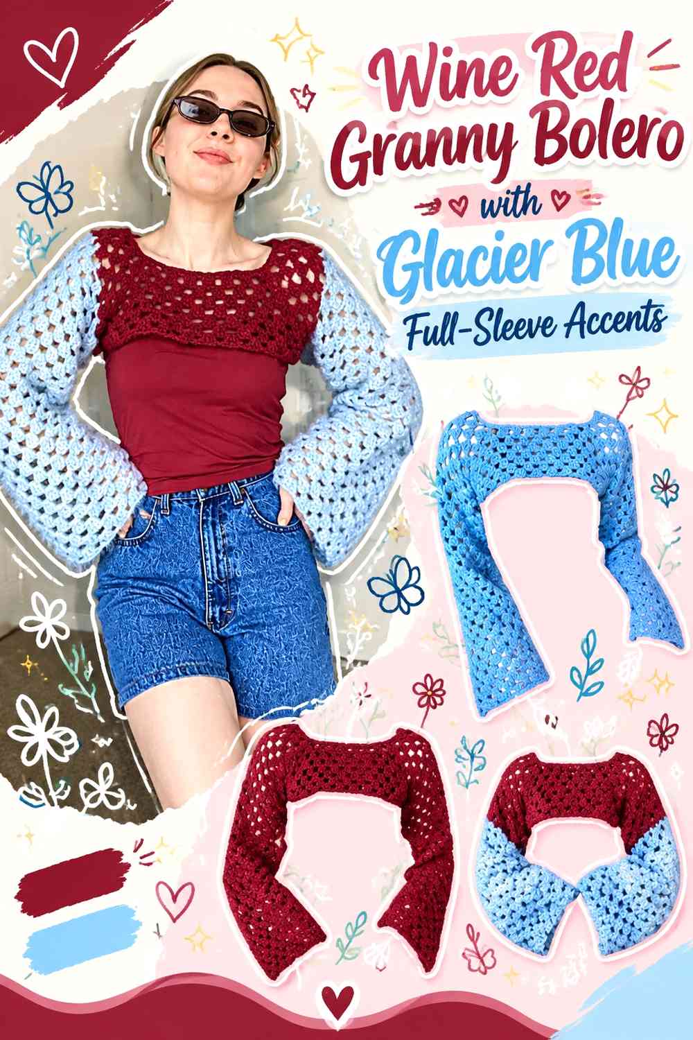 Wine Red Granny Bolero with Glacier Blue Full-Sleeve Accents