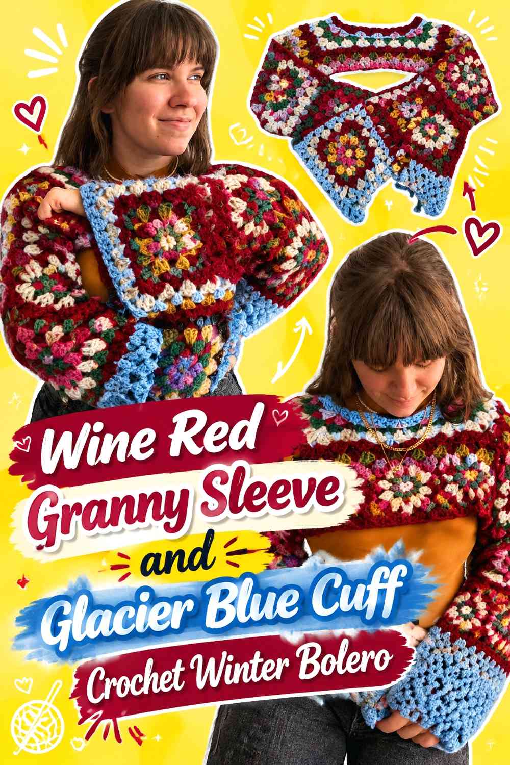 Wine Red Granny Sleeve and Glacier Blue Cuff Crochet Winter Bolero