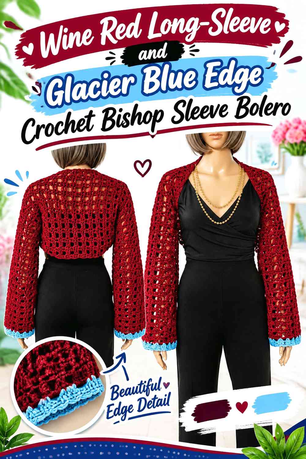 Wine Red Long-Sleeve and Glacier Blue Edge Crochet Bishop Sleeve Bolero