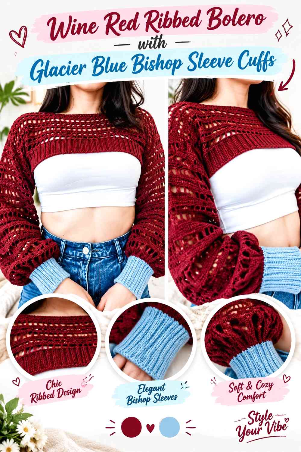 Wine Red Ribbed Bolero with Glacier Blue Bishop Sleeve Cuffs