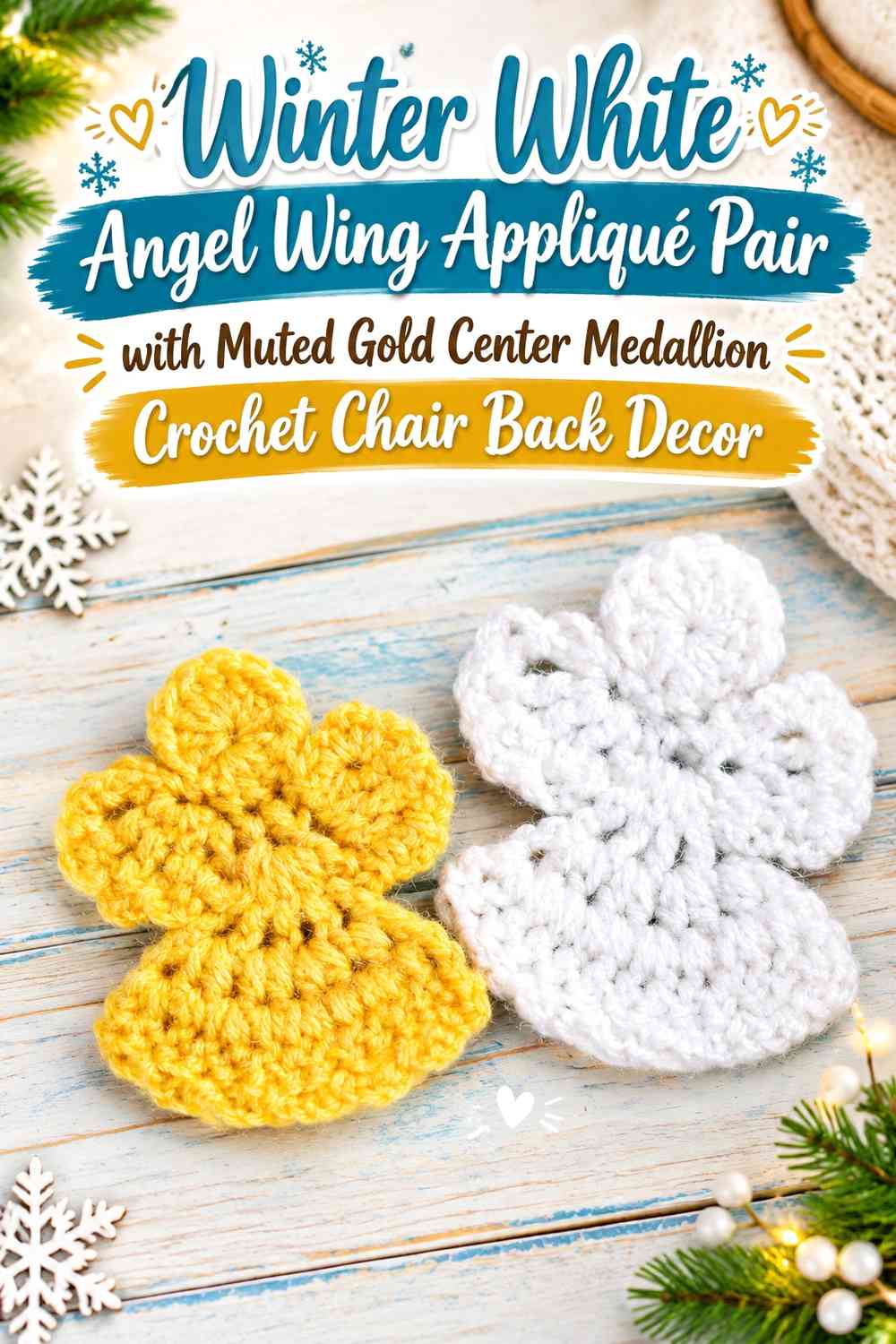 Winter White Angel Wing Appliqué Pair with Muted Gold Center Medallion Crochet Chair Back Decor