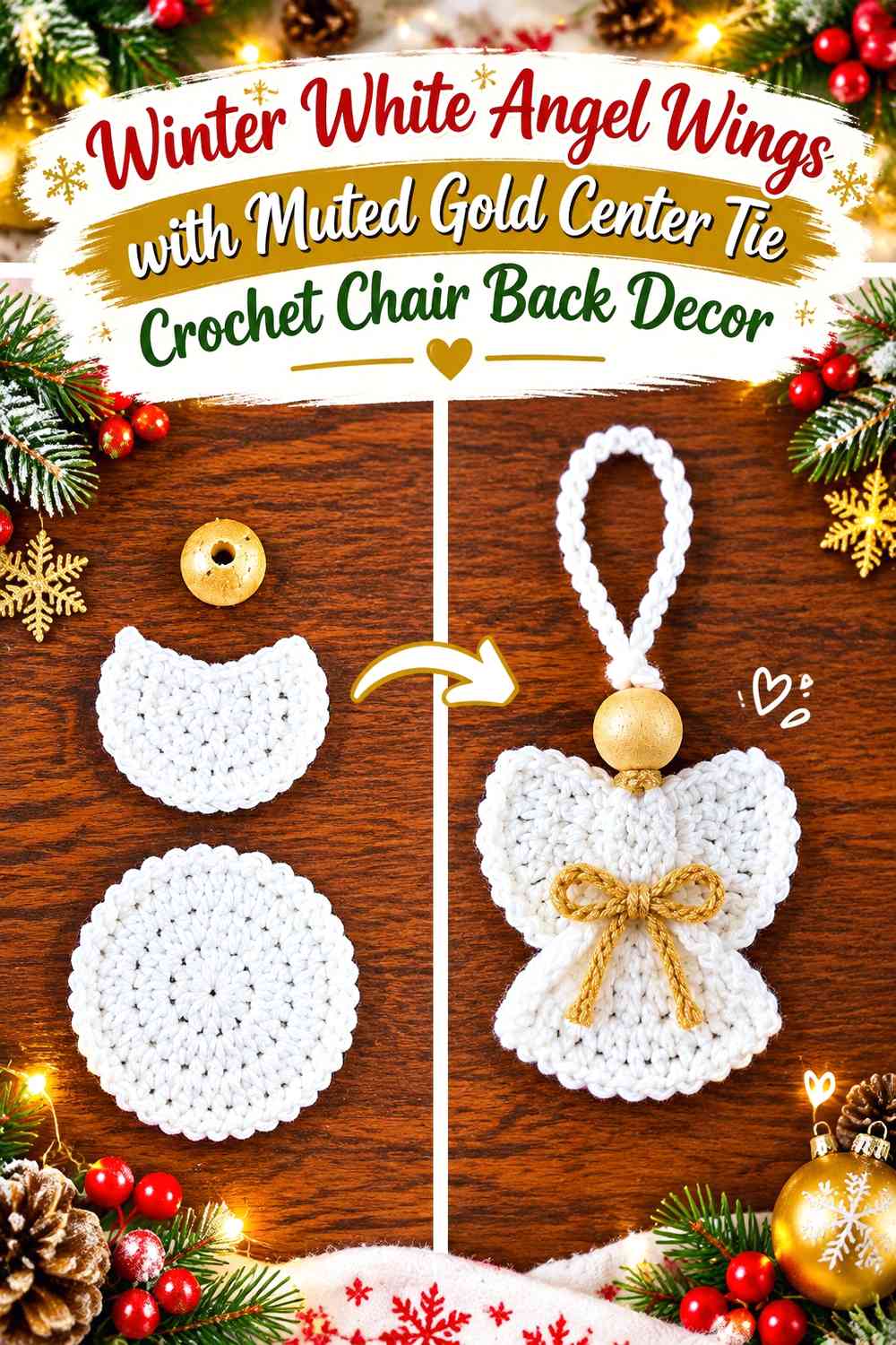 Winter White Angel Wings with Muted Gold Center Tie Crochet Chair Back Decor