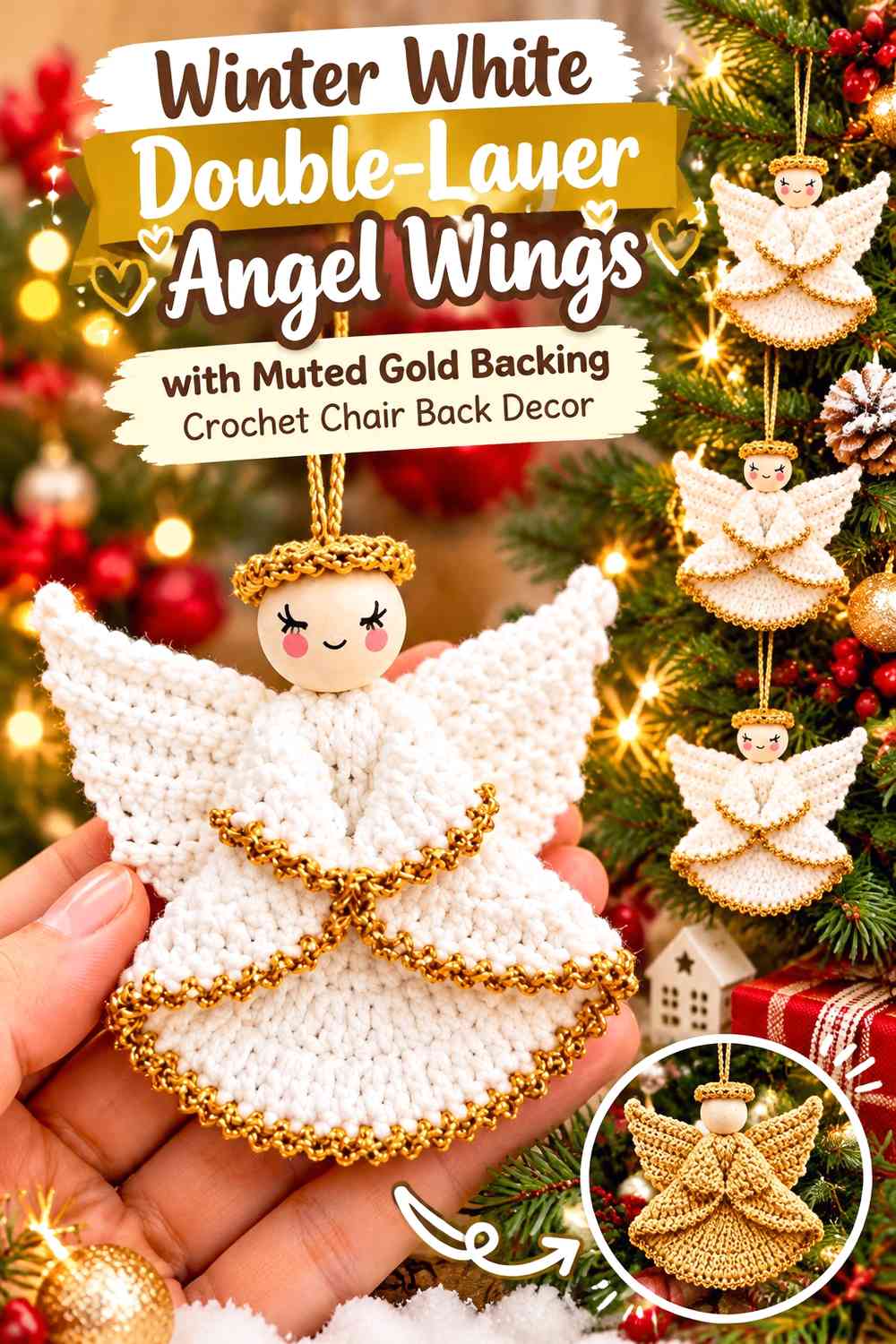 Winter White Double-Layer Angel Wings with Muted Gold Backing Crochet Chair Back Decor