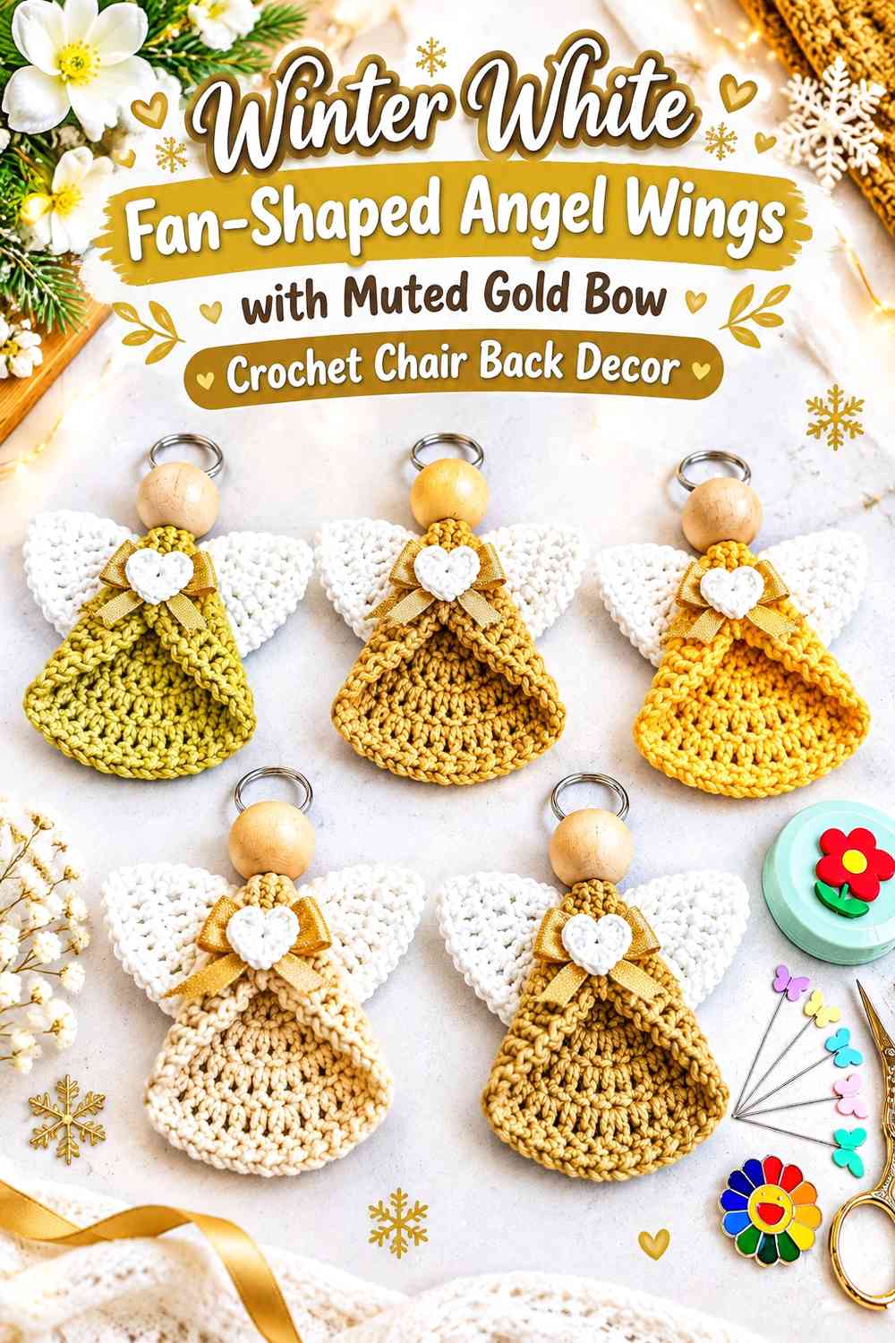 Winter White Fan-Shaped Angel Wings with Muted Gold Bow Crochet Chair Back Decor
