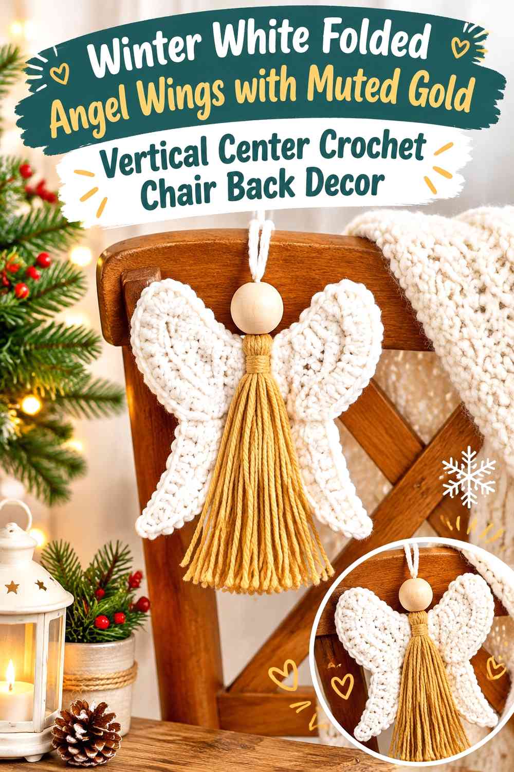 Winter White Folded Angel Wings with Muted Gold Vertical Center Crochet Chair Back Decor