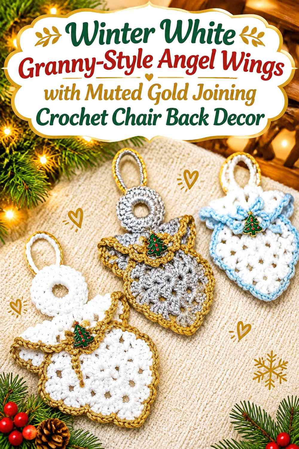 Winter White Granny-Style Angel Wings with Muted Gold Joining Crochet Chair Back Decor