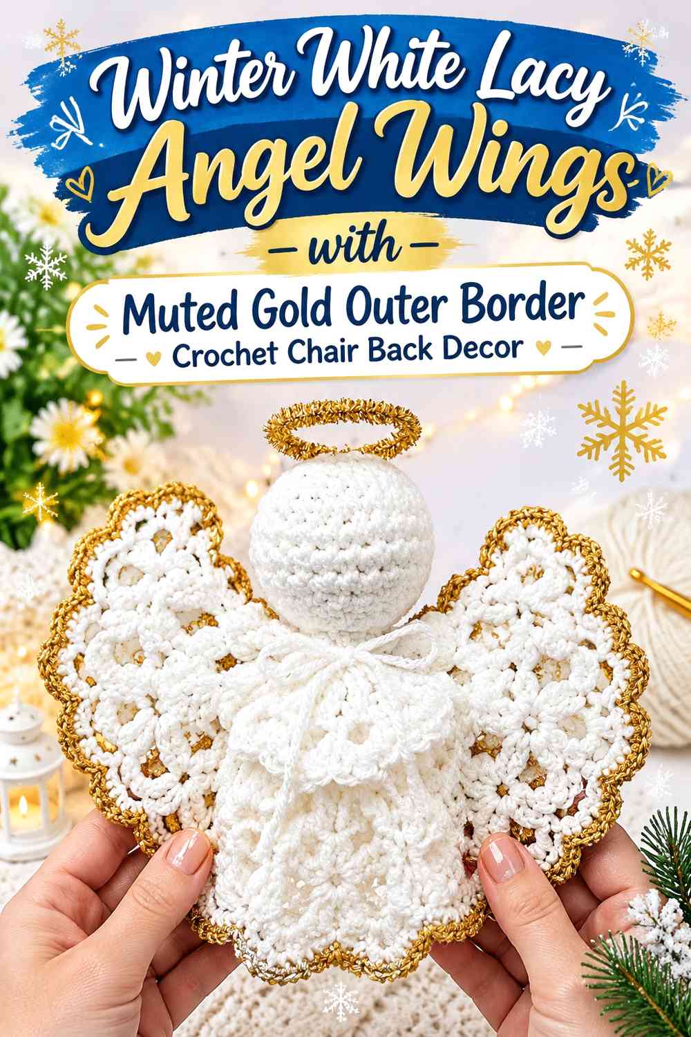 Winter White Lacy Angel Wings with Muted Gold Outer Border Crochet Chair Back Decor