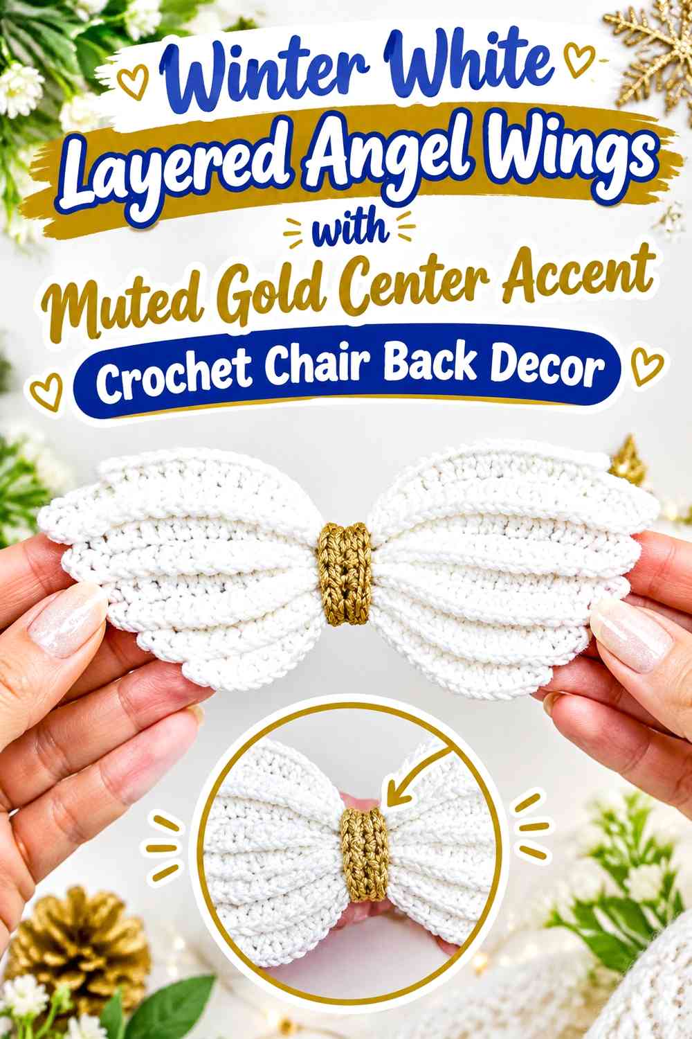 Winter White Layered Angel Wings with Muted Gold Center Accent Crochet Chair Back Decor