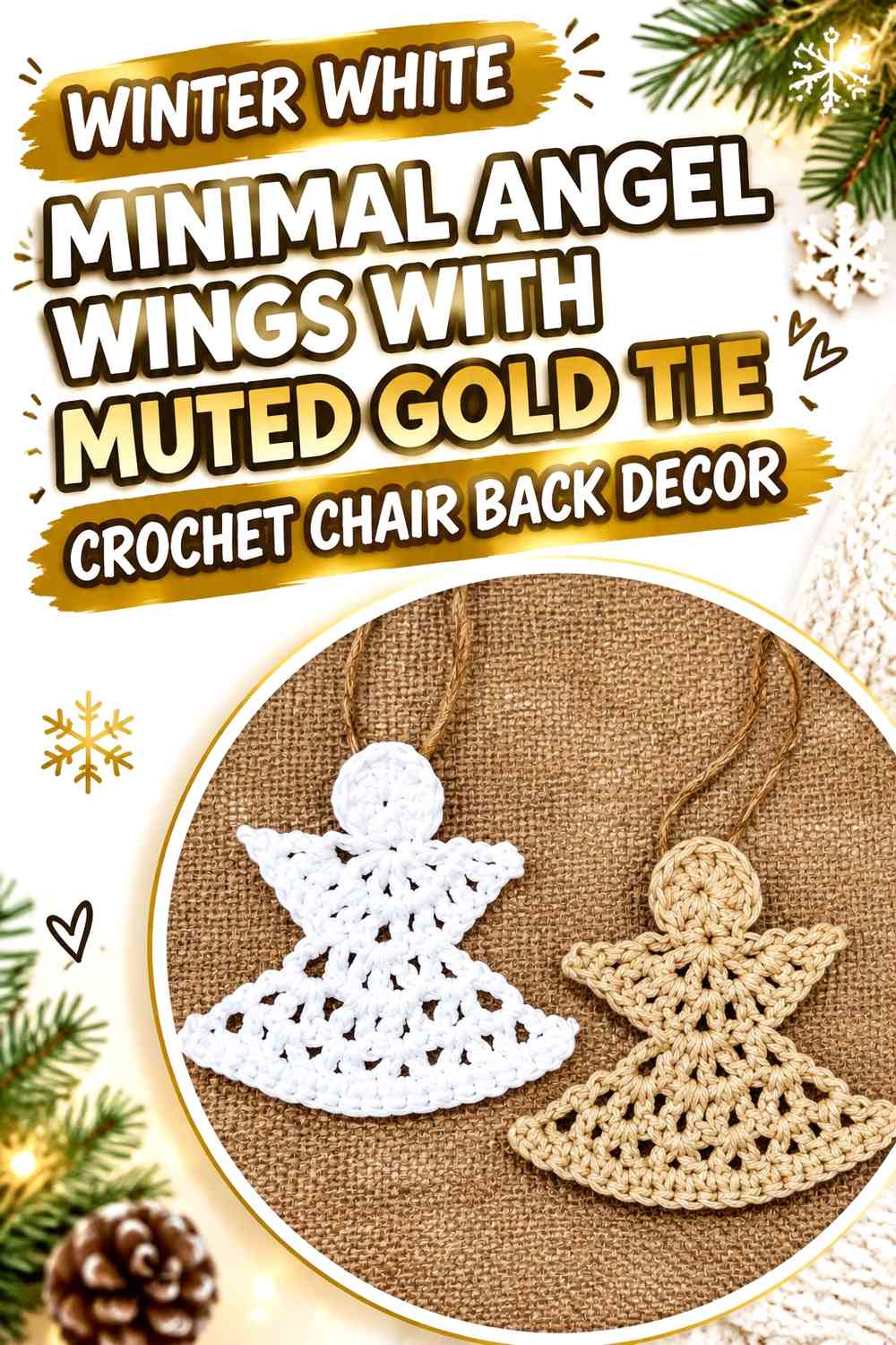 Winter White Minimal Angel Wings with Muted Gold Tie Crochet Chair Back Decor