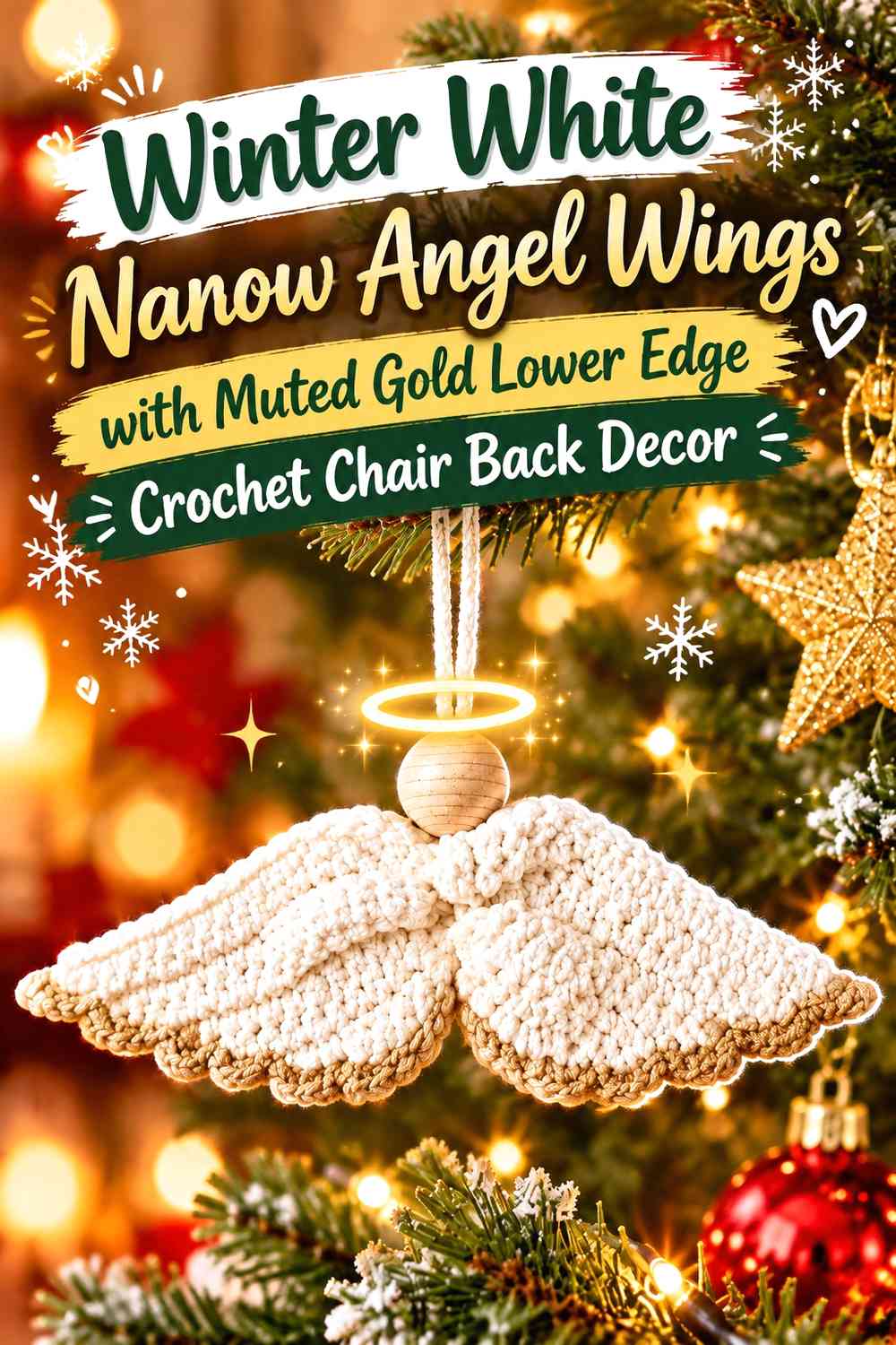Winter White Narrow Angel Wings with Muted Gold Lower Edge Crochet Chair Back Decor
