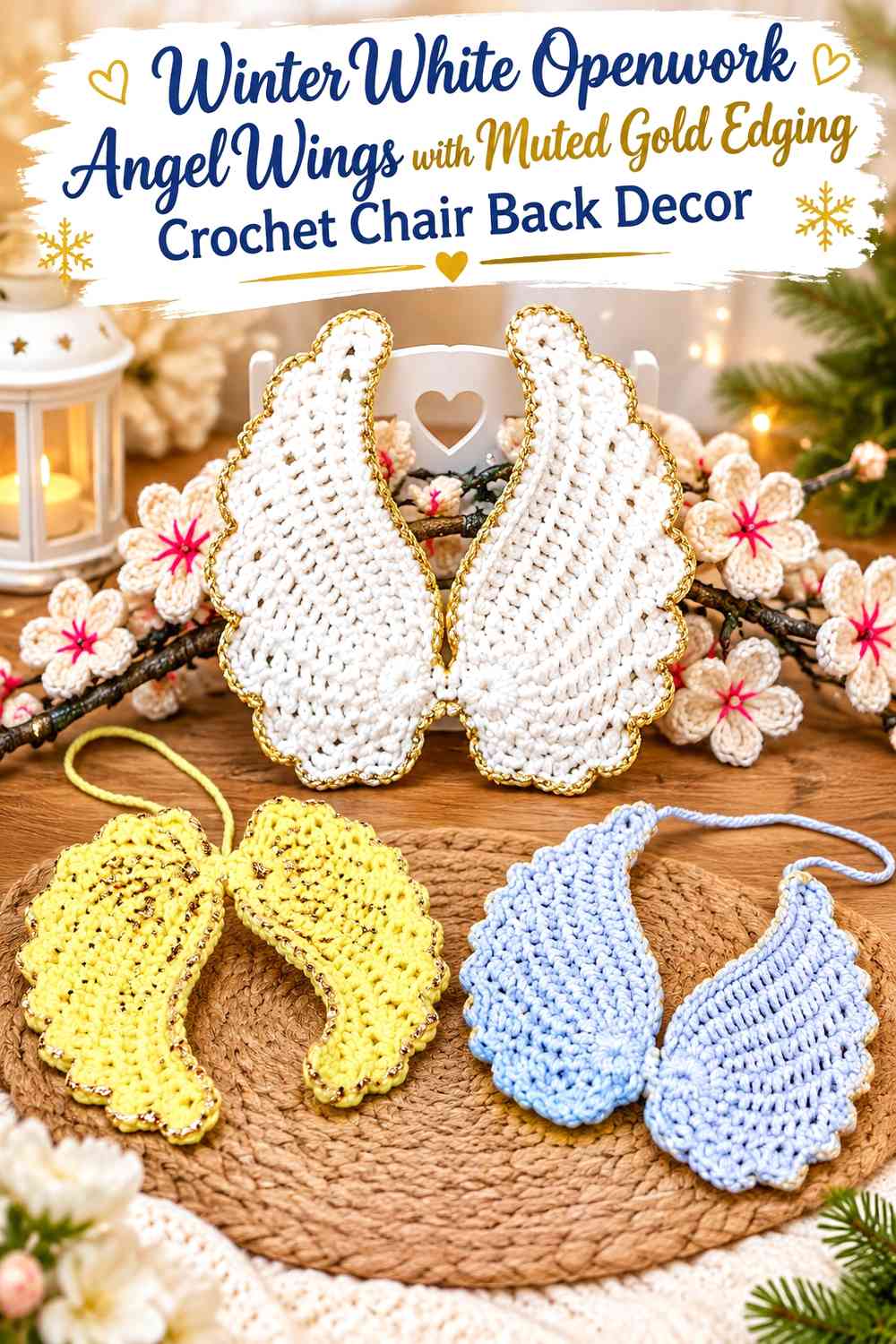 Winter White Openwork Angel Wings with Muted Gold Edging Crochet Chair Back Decor