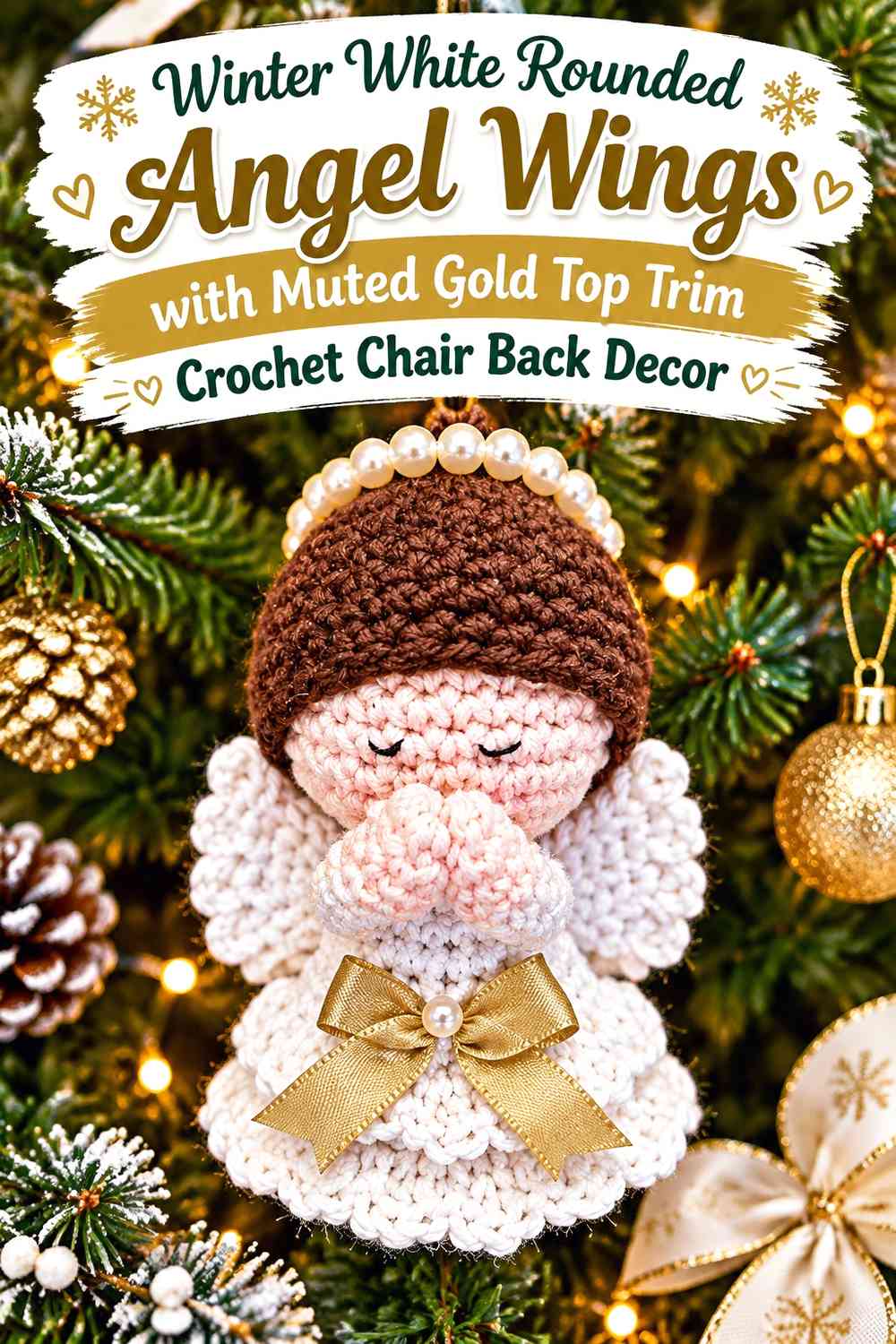 Winter White Rounded Angel Wings with Muted Gold Top Trim Crochet Chair Back Decor