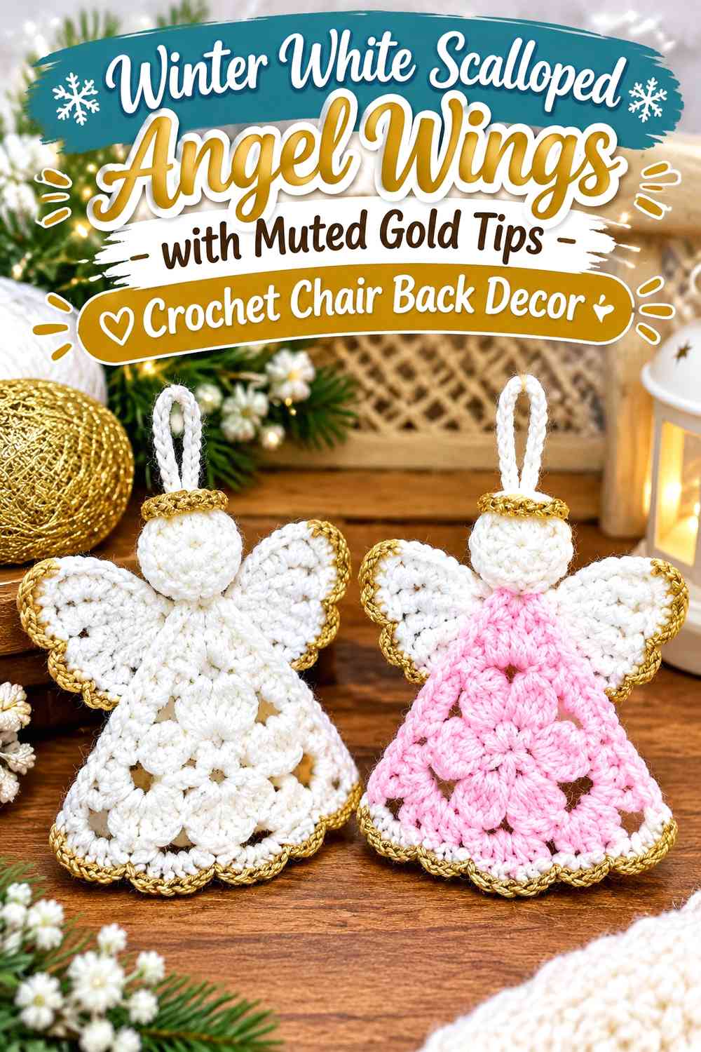 Winter White Scalloped Angel Wings with Muted Gold Tips Crochet Chair Back Decor