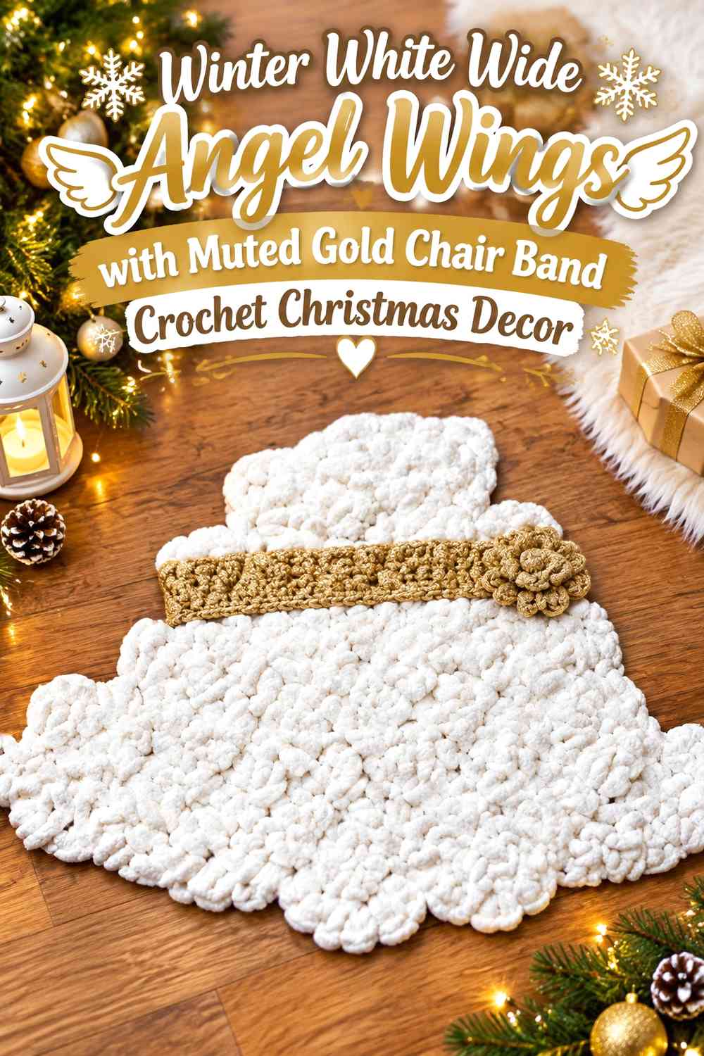 Winter White Wide Angel Wings with Muted Gold Chair Band Crochet Christmas Decor
