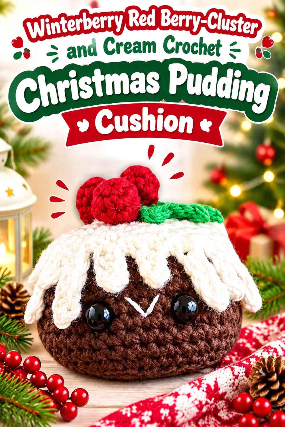 Winterberry Red Berry-Cluster and Cream Crochet Christmas Pudding Cushion