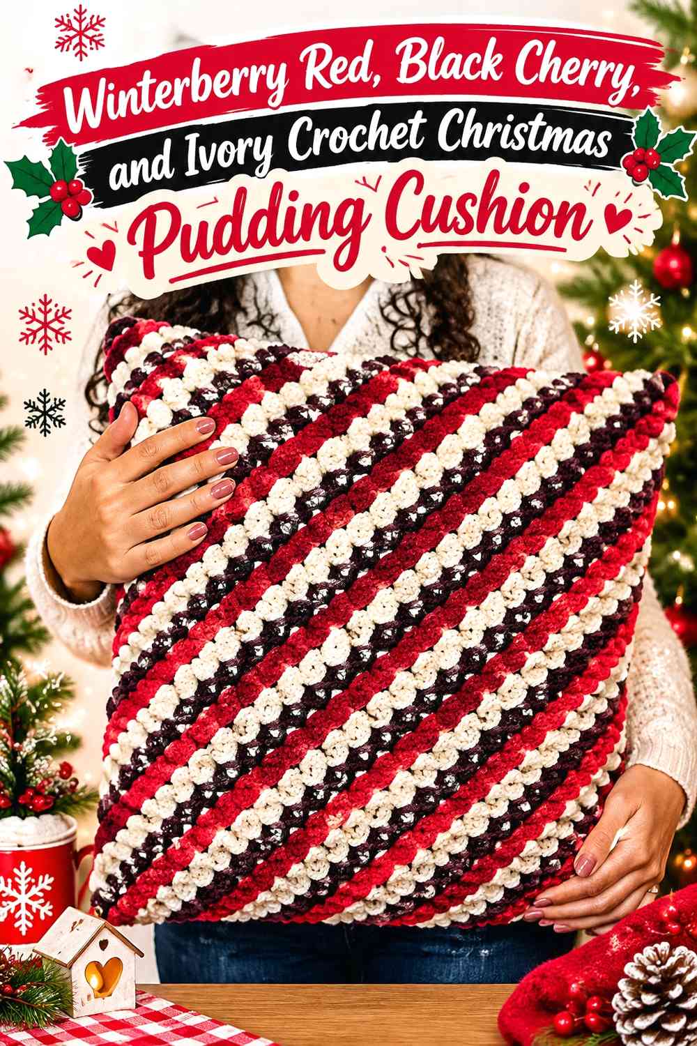 Winterberry Red, Black Cherry, and Ivory Crochet Christmas Pudding Cushion
