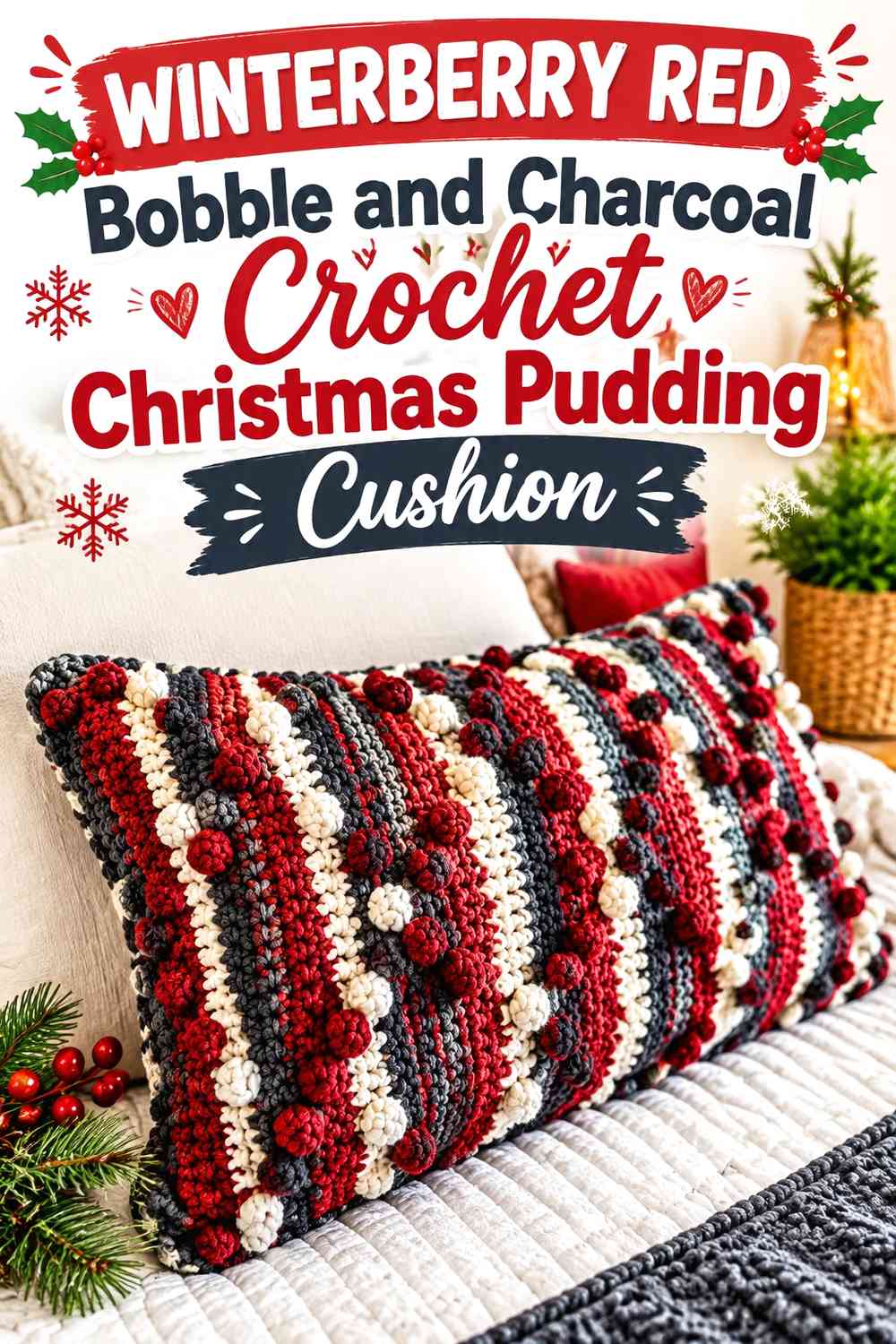 Winterberry Red Bobble and Charcoal Crochet Christmas Pudding Cushion