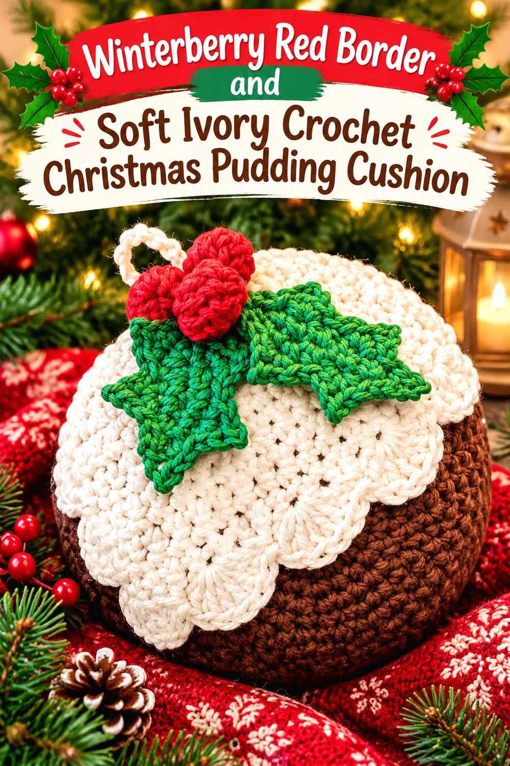 Winterberry Red Border and Soft Ivory Crochet Christmas Pudding Cushion