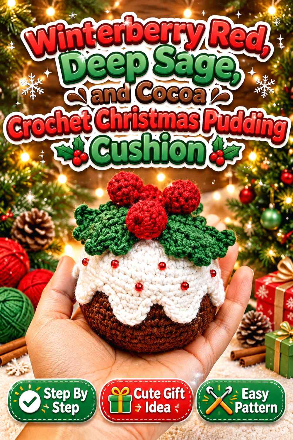Winterberry Red, Deep Sage, and Cocoa Crochet Christmas Pudding Cushion