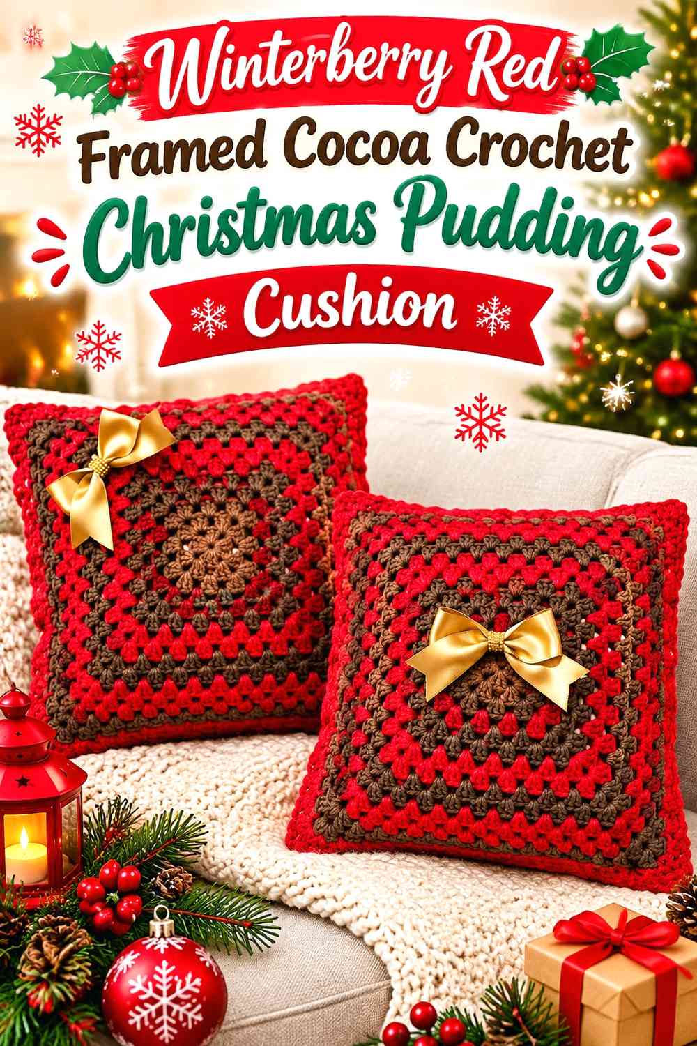 Winterberry Red Framed Cocoa Crochet Christmas Pudding Cushion