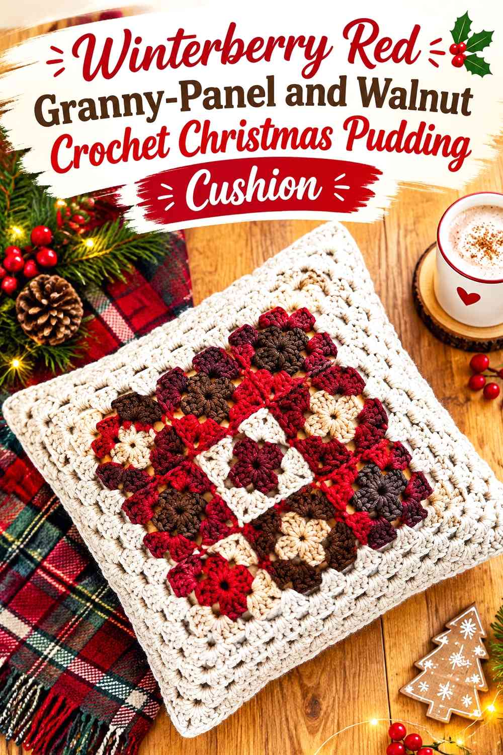 Winterberry Red Granny-Panel and Walnut Crochet Christmas Pudding Cushion