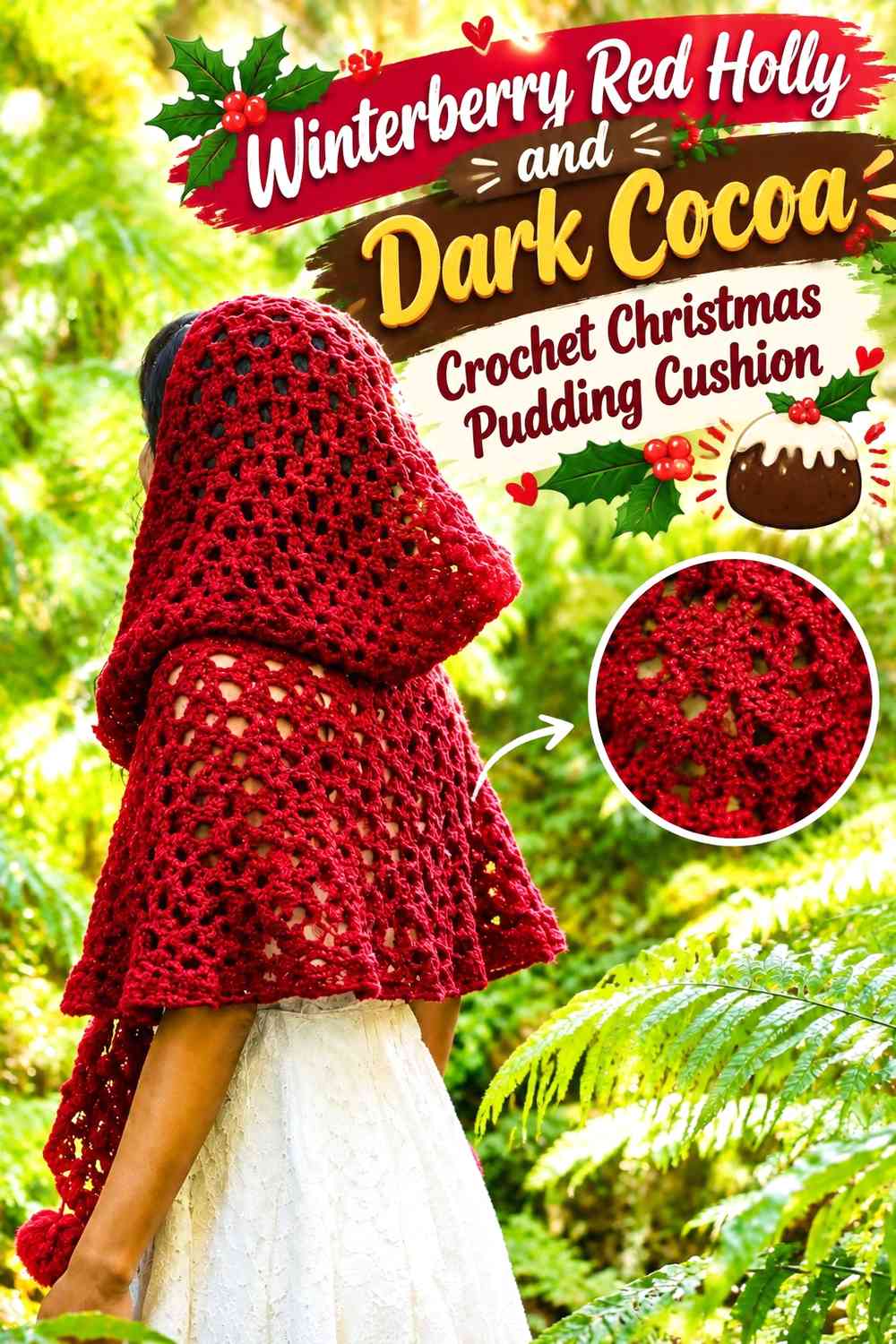 Winterberry Red Holly and Dark Cocoa Crochet Christmas Pudding Cushion