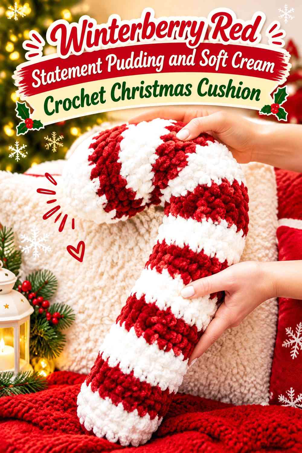 Winterberry Red Statement Pudding and Soft Cream Crochet Christmas Cushion