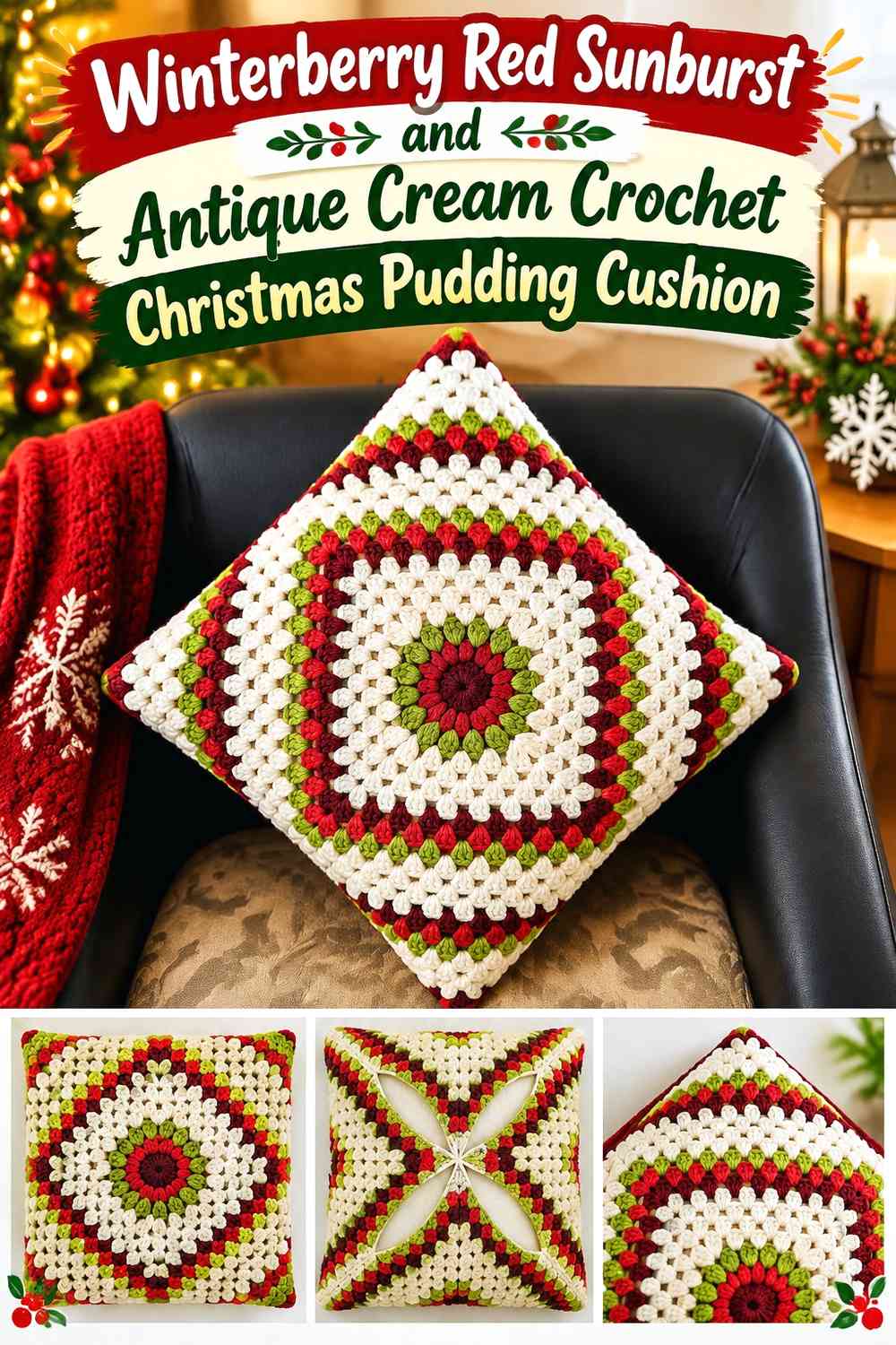 Winterberry Red Sunburst and Antique Cream Crochet Christmas Pudding Cushion