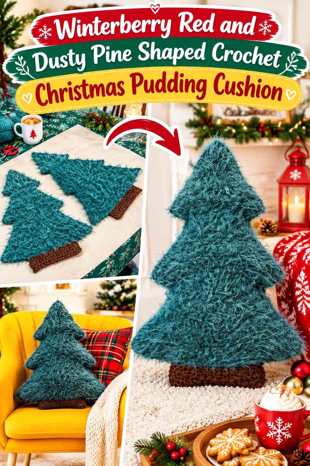 Winterberry Red and Dusty Pine Shaped Crochet Christmas Pudding Cushion