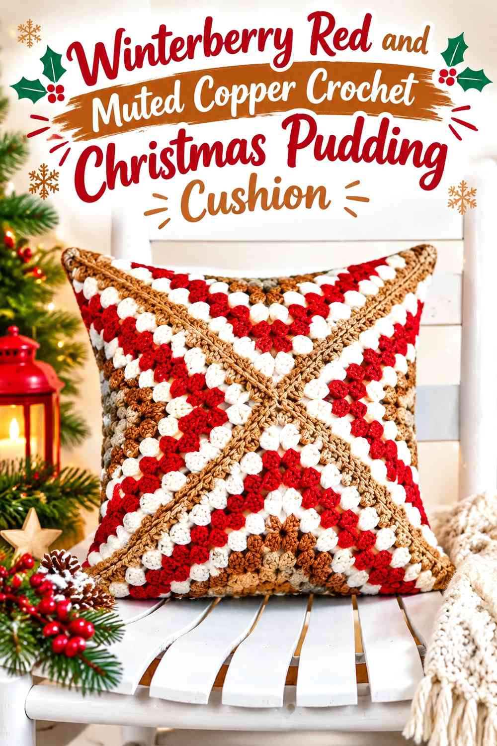 Winterberry Red and Muted Copper Crochet Christmas Pudding Cushion
