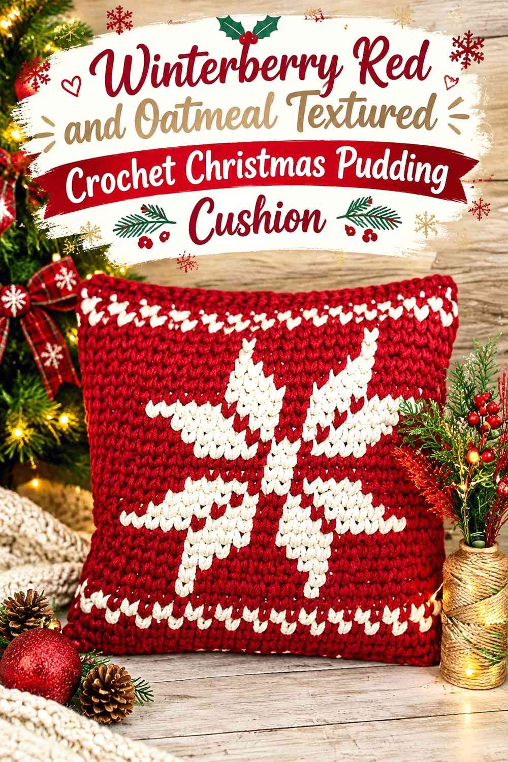 Winterberry Red and Oatmeal Textured Crochet Christmas Pudding Cushion